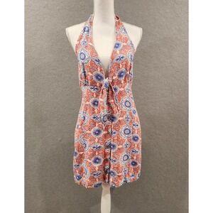 Anthropologie Maeve Halter Dress Tie Front Button Down Casual‎ XL Orange Blue